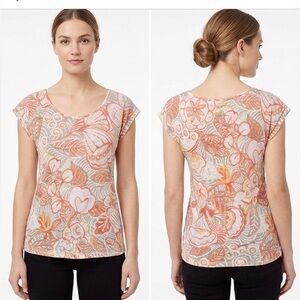 LOFT Orange and Gray Floral Short Sleeve Top